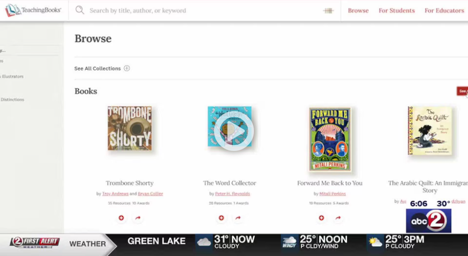 Image of paused video with TeachingBooks website home page