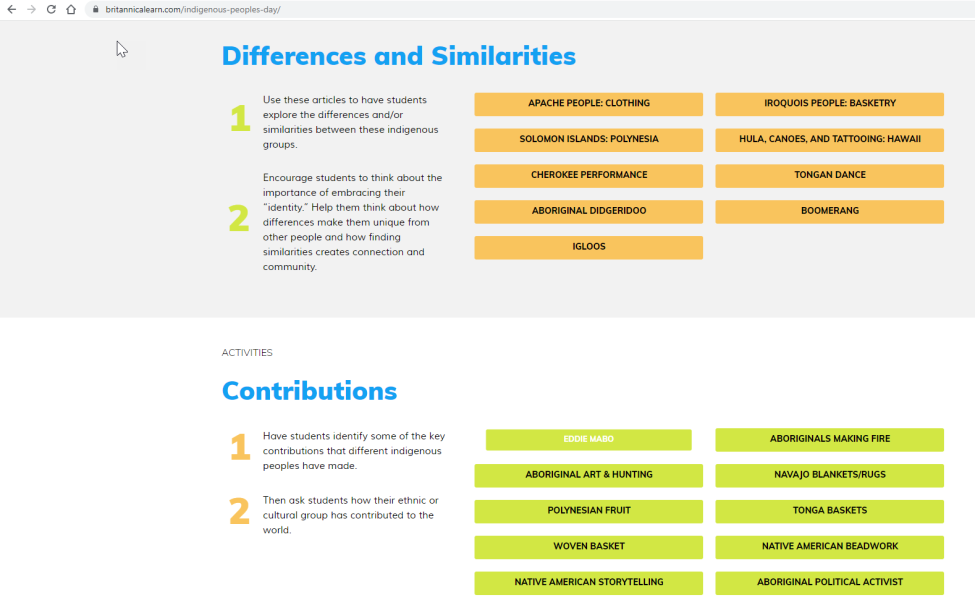 Screenshot of Britannica's Indigenous Peoples Day student activities