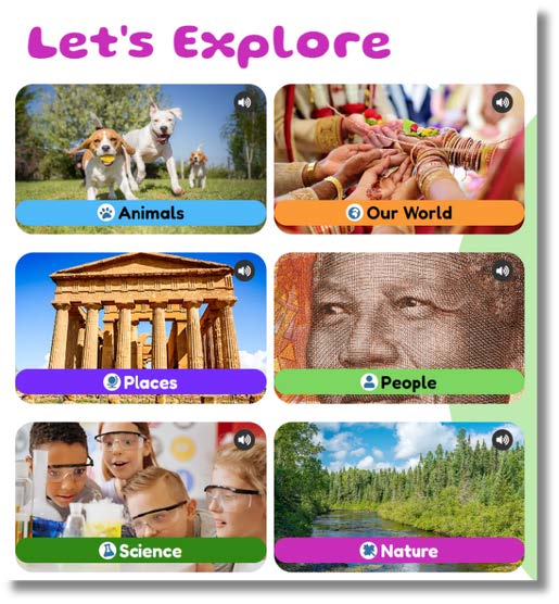 Let's Explore section of Britannica School Early Elementary home page with topics of Animals, Our World, Places, People, Science, and Nature displayed 