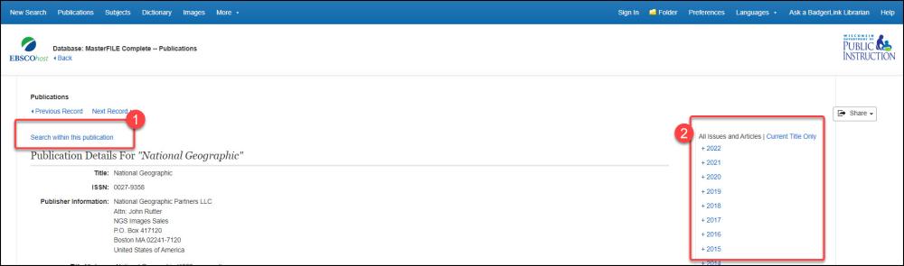 Screenshot of National Geographic Publication page with Search within Publication and Issues listed by date highlighted with red boxes