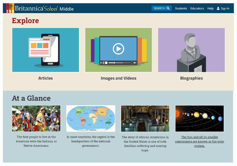 Home page of Britannica School with new look